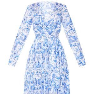 Pretty Little Things Blue Porcelain Print Long Sleeve Pleated Midi Dress Size 4